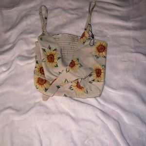 Beige sunflower front tie crop top